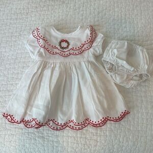 Classic White & Red Trim Baby Dress with Blooming Wreath Embroidery